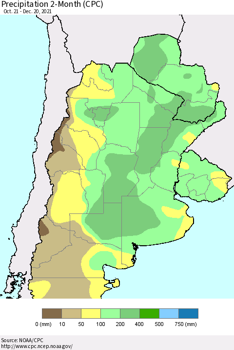 Southern South America Precipitation 2-Month (CPC) Thematic Map For 10/21/2021 - 12/20/2021