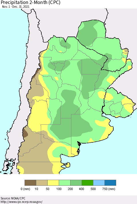 Southern South America Precipitation 2-Month (CPC) Thematic Map For 11/1/2021 - 12/31/2021