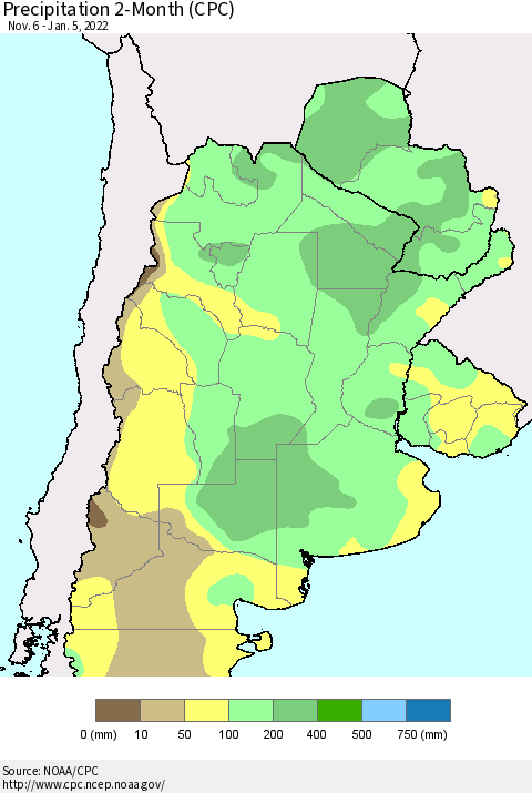 Southern South America Precipitation 2-Month (CPC) Thematic Map For 11/6/2021 - 1/5/2022