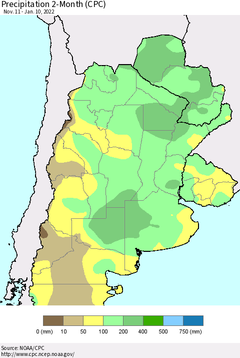 Southern South America Precipitation 2-Month (CPC) Thematic Map For 11/11/2021 - 1/10/2022