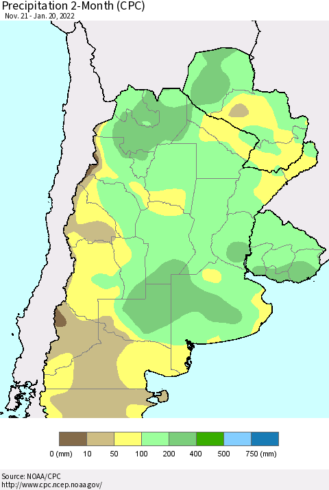 Southern South America Precipitation 2-Month (CPC) Thematic Map For 11/21/2021 - 1/20/2022