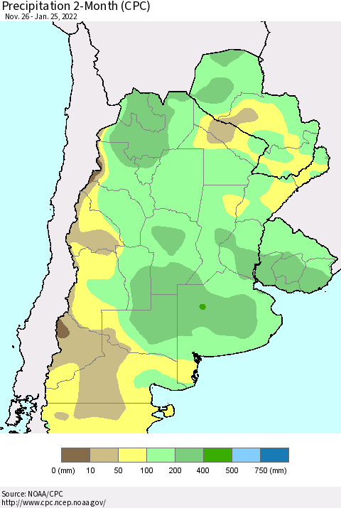 Southern South America Precipitation 2-Month (CPC) Thematic Map For 11/26/2021 - 1/25/2022