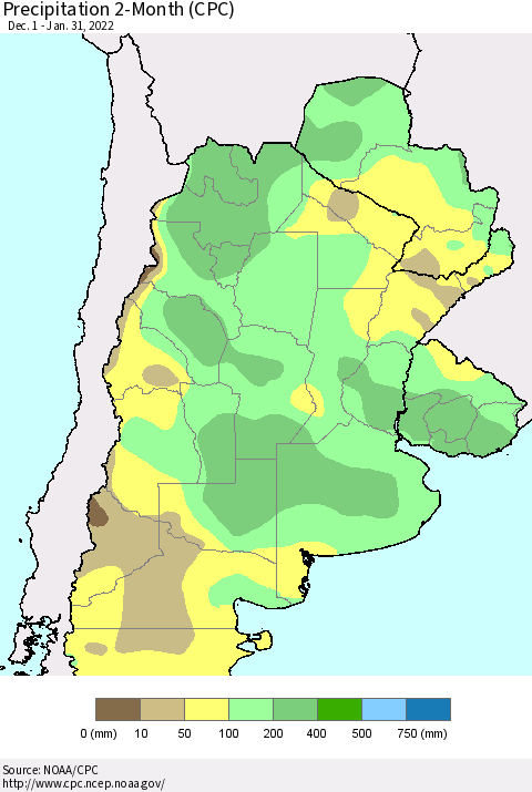 Southern South America Precipitation 2-Month (CPC) Thematic Map For 12/1/2021 - 1/31/2022