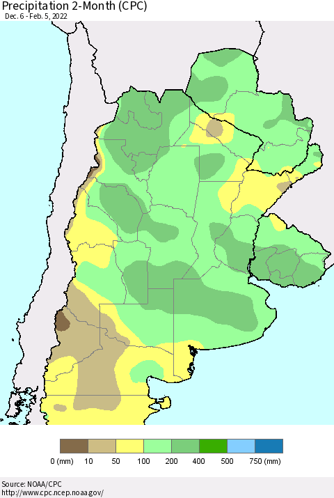 Southern South America Precipitation 2-Month (CPC) Thematic Map For 12/6/2021 - 2/5/2022