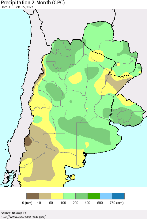 Southern South America Precipitation 2-Month (CPC) Thematic Map For 12/16/2021 - 2/15/2022