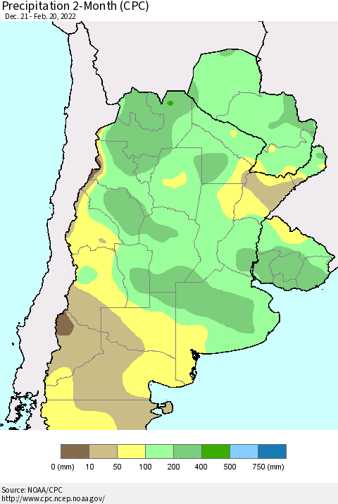 Southern South America Precipitation 2-Month (CPC) Thematic Map For 12/21/2021 - 2/20/2022
