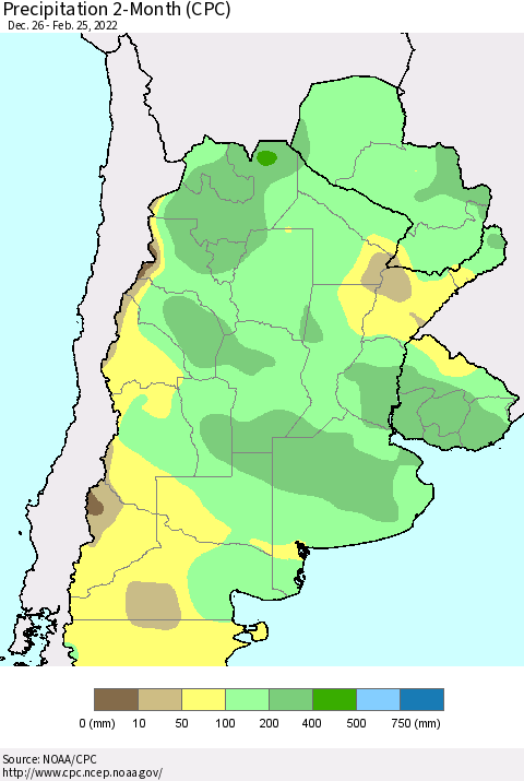 Southern South America Precipitation 2-Month (CPC) Thematic Map For 12/26/2021 - 2/25/2022
