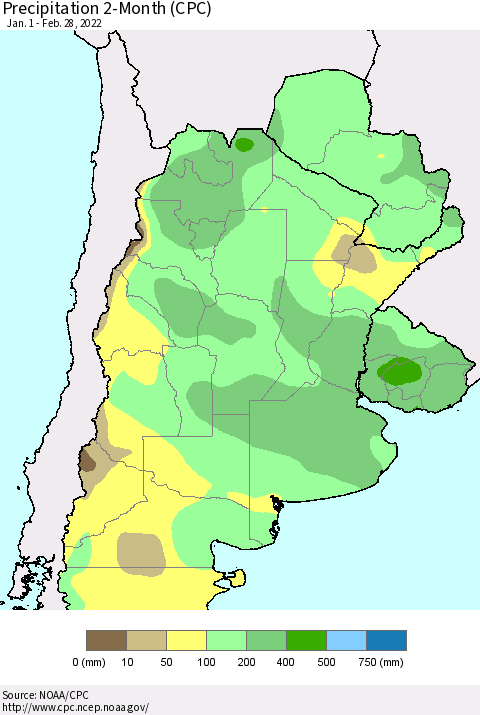 Southern South America Precipitation 2-Month (CPC) Thematic Map For 1/1/2022 - 2/28/2022