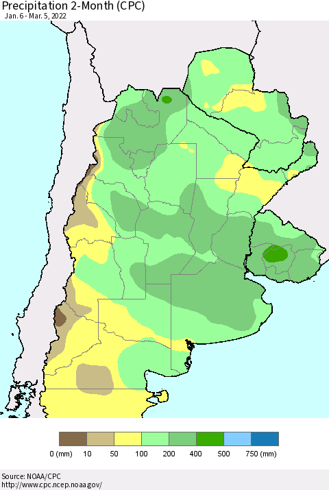 Southern South America Precipitation 2-Month (CPC) Thematic Map For 1/6/2022 - 3/5/2022