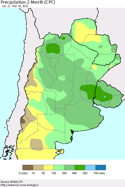 Southern South America Precipitation 2-Month (CPC) Thematic Map For 1/11/2022 - 3/10/2022