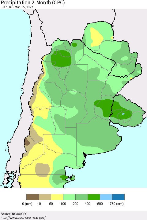 Southern South America Precipitation 2-Month (CPC) Thematic Map For 1/16/2022 - 3/15/2022