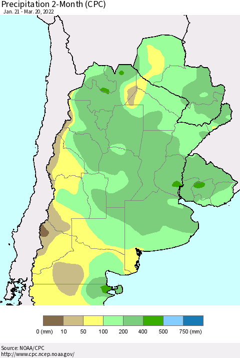 Southern South America Precipitation 2-Month (CPC) Thematic Map For 1/21/2022 - 3/20/2022