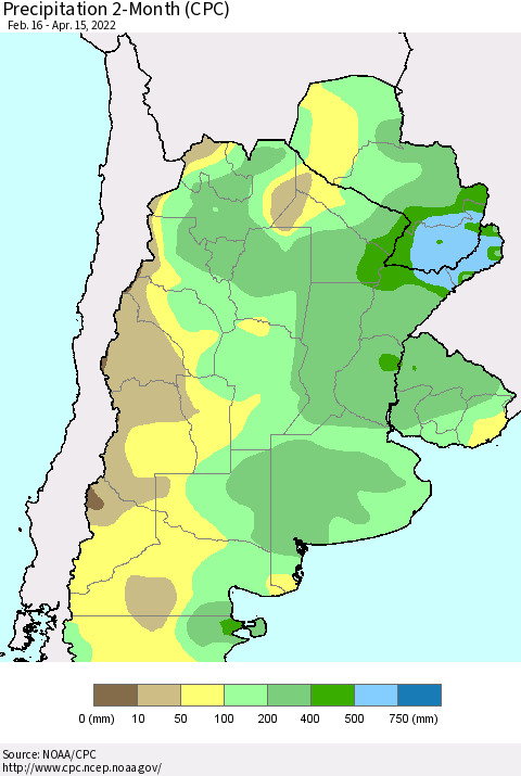 Southern South America Precipitation 2-Month (CPC) Thematic Map For 2/16/2022 - 4/15/2022