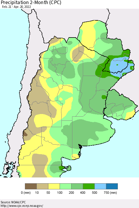 Southern South America Precipitation 2-Month (CPC) Thematic Map For 2/21/2022 - 4/20/2022