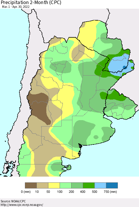 Southern South America Precipitation 2-Month (CPC) Thematic Map For 3/1/2022 - 4/30/2022