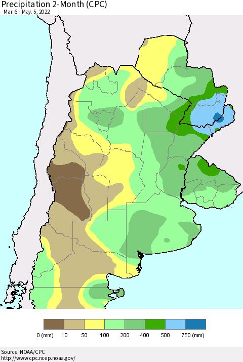 Southern South America Precipitation 2-Month (CPC) Thematic Map For 3/6/2022 - 5/5/2022