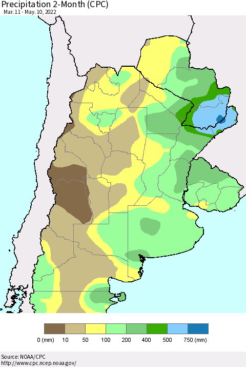 Southern South America Precipitation 2-Month (CPC) Thematic Map For 3/11/2022 - 5/10/2022
