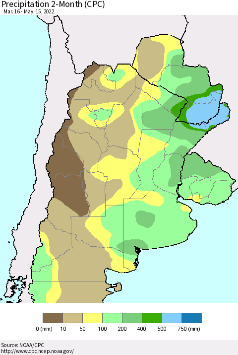 Southern South America Precipitation 2-Month (CPC) Thematic Map For 3/16/2022 - 5/15/2022