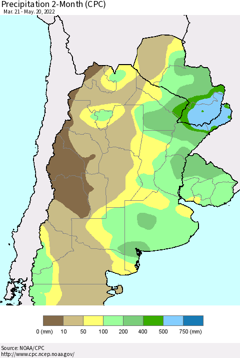 Southern South America Precipitation 2-Month (CPC) Thematic Map For 3/21/2022 - 5/20/2022