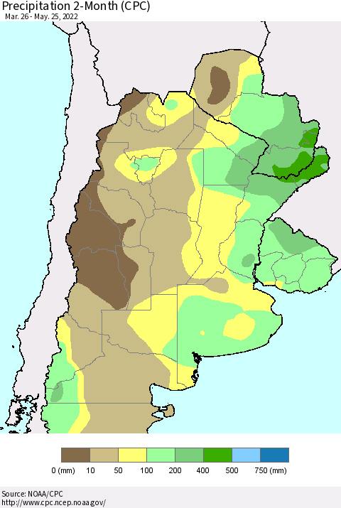 Southern South America Precipitation 2-Month (CPC) Thematic Map For 3/26/2022 - 5/25/2022