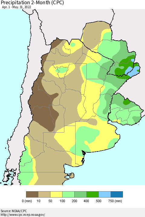 Southern South America Precipitation 2-Month (CPC) Thematic Map For 4/1/2022 - 5/31/2022