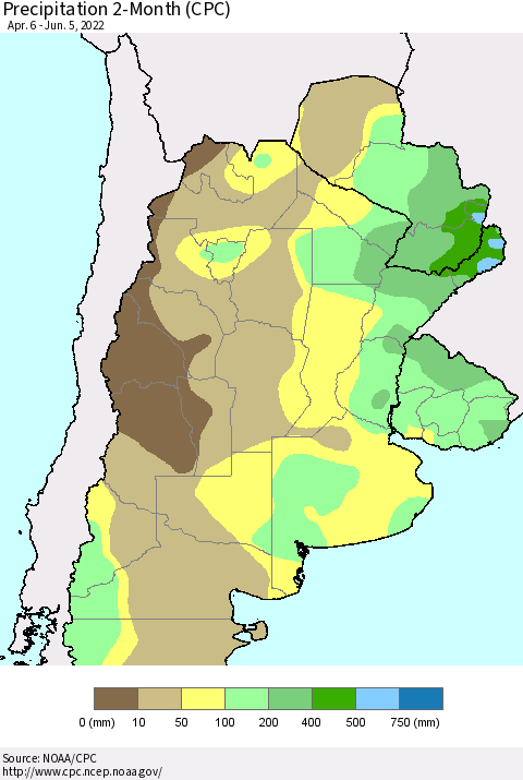 Southern South America Precipitation 2-Month (CPC) Thematic Map For 4/6/2022 - 6/5/2022