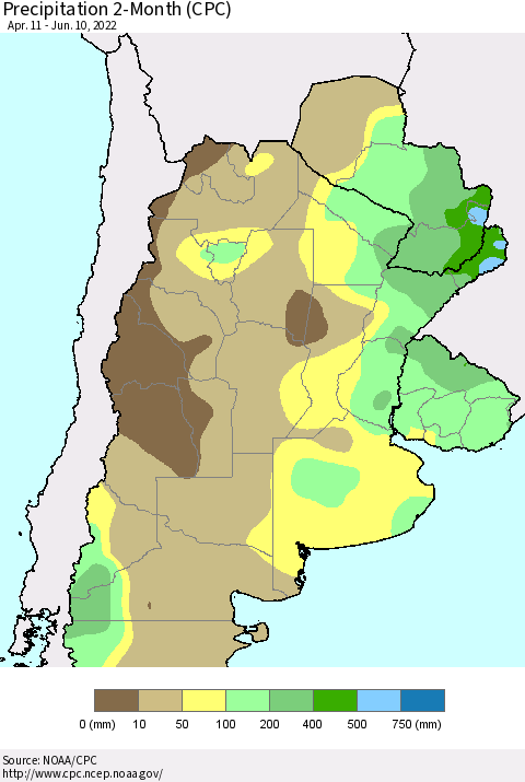 Southern South America Precipitation 2-Month (CPC) Thematic Map For 4/11/2022 - 6/10/2022