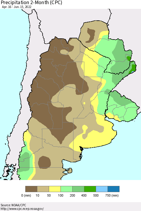 Southern South America Precipitation 2-Month (CPC) Thematic Map For 4/16/2022 - 6/15/2022