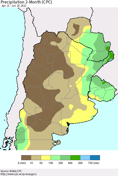 Southern South America Precipitation 2-Month (CPC) Thematic Map For 4/21/2022 - 6/20/2022