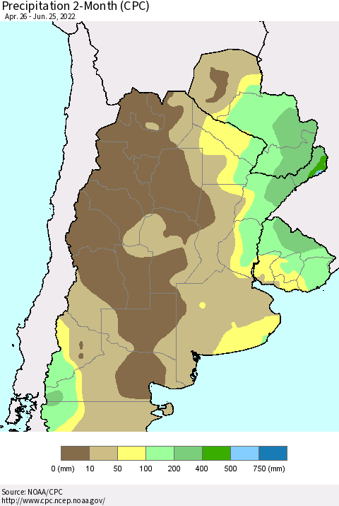 Southern South America Precipitation 2-Month (CPC) Thematic Map For 4/26/2022 - 6/25/2022