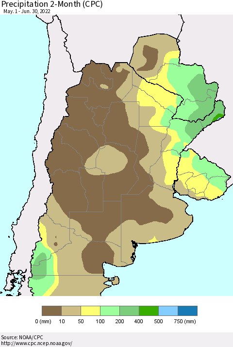 Southern South America Precipitation 2-Month (CPC) Thematic Map For 5/1/2022 - 6/30/2022