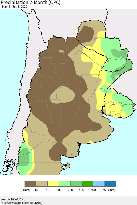 Southern South America Precipitation 2-Month (CPC) Thematic Map For 5/6/2022 - 7/5/2022