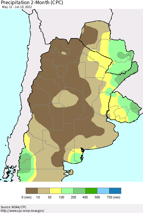 Southern South America Precipitation 2-Month (CPC) Thematic Map For 5/11/2022 - 7/10/2022