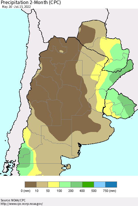 Southern South America Precipitation 2-Month (CPC) Thematic Map For 5/16/2022 - 7/15/2022