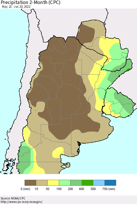 Southern South America Precipitation 2-Month (CPC) Thematic Map For 5/21/2022 - 7/20/2022