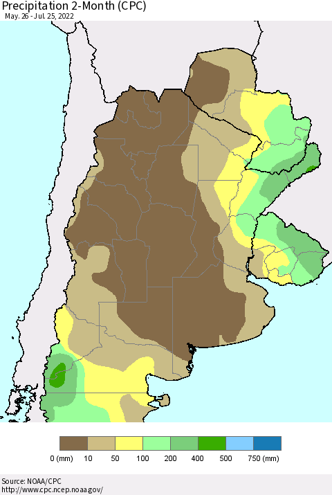 Southern South America Precipitation 2-Month (CPC) Thematic Map For 5/26/2022 - 7/25/2022