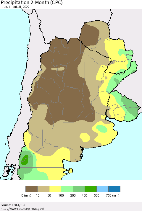 Southern South America Precipitation 2-Month (CPC) Thematic Map For 6/1/2022 - 7/31/2022