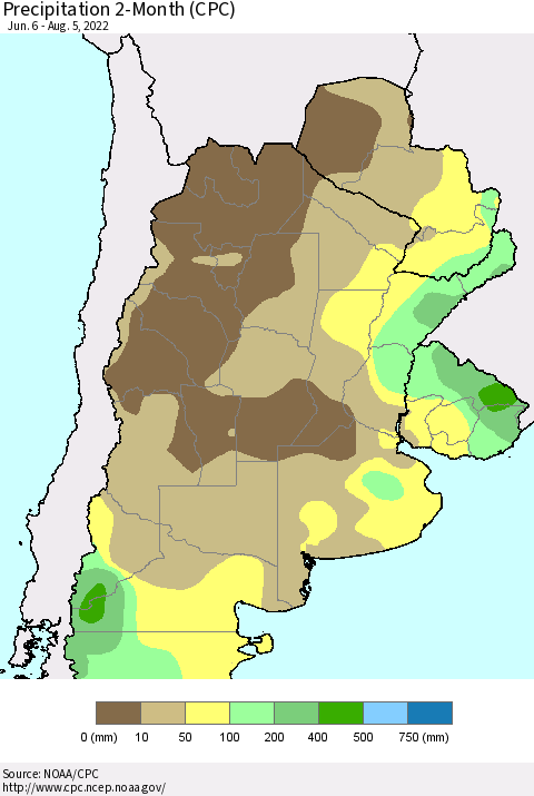 Southern South America Precipitation 2-Month (CPC) Thematic Map For 6/6/2022 - 8/5/2022