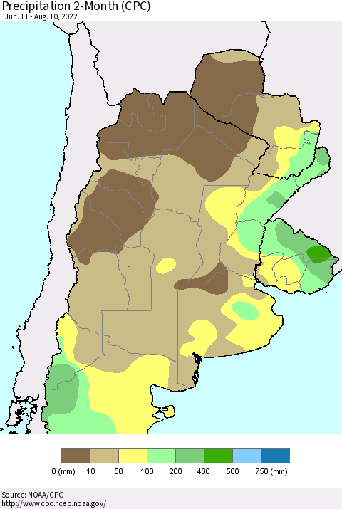 Southern South America Precipitation 2-Month (CPC) Thematic Map For 6/11/2022 - 8/10/2022