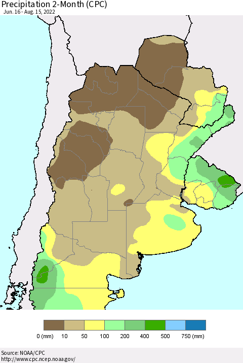 Southern South America Precipitation 2-Month (CPC) Thematic Map For 6/16/2022 - 8/15/2022