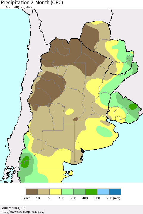 Southern South America Precipitation 2-Month (CPC) Thematic Map For 6/21/2022 - 8/20/2022