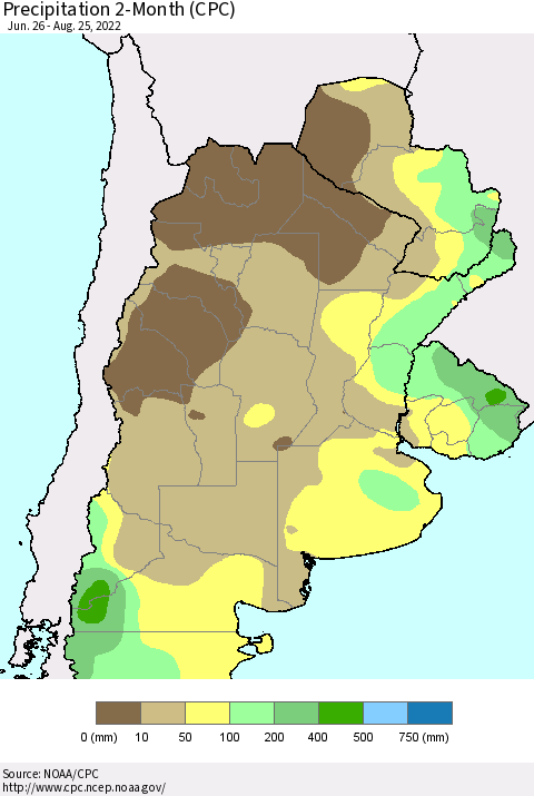 Southern South America Precipitation 2-Month (CPC) Thematic Map For 6/26/2022 - 8/25/2022