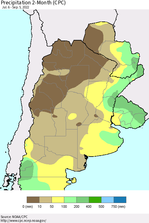 Southern South America Precipitation 2-Month (CPC) Thematic Map For 7/6/2022 - 9/5/2022