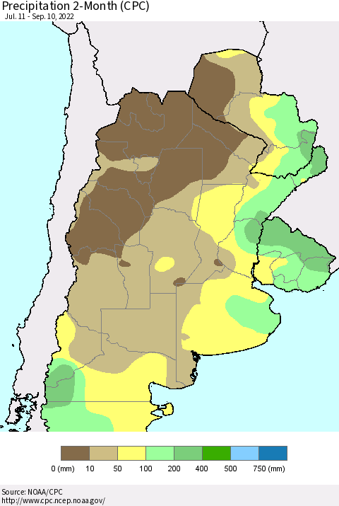 Southern South America Precipitation 2-Month (CPC) Thematic Map For 7/11/2022 - 9/10/2022