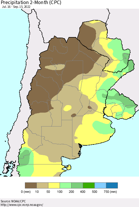Southern South America Precipitation 2-Month (CPC) Thematic Map For 7/16/2022 - 9/15/2022