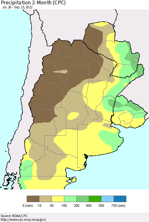 Southern South America Precipitation 2-Month (CPC) Thematic Map For 7/26/2022 - 9/25/2022
