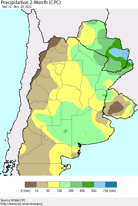 Southern South America Precipitation 2-Month (CPC) Thematic Map For 9/21/2022 - 11/20/2022