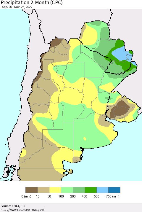 Southern South America Precipitation 2-Month (CPC) Thematic Map For 9/26/2022 - 11/25/2022