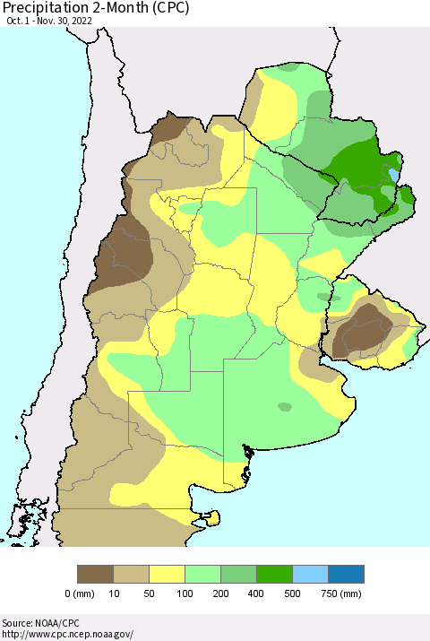 Southern South America Precipitation 2-Month (CPC) Thematic Map For 10/1/2022 - 11/30/2022