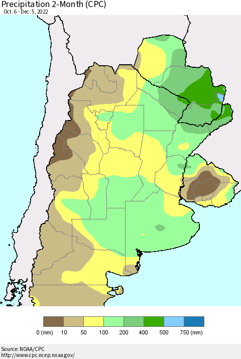 Southern South America Precipitation 2-Month (CPC) Thematic Map For 10/6/2022 - 12/5/2022